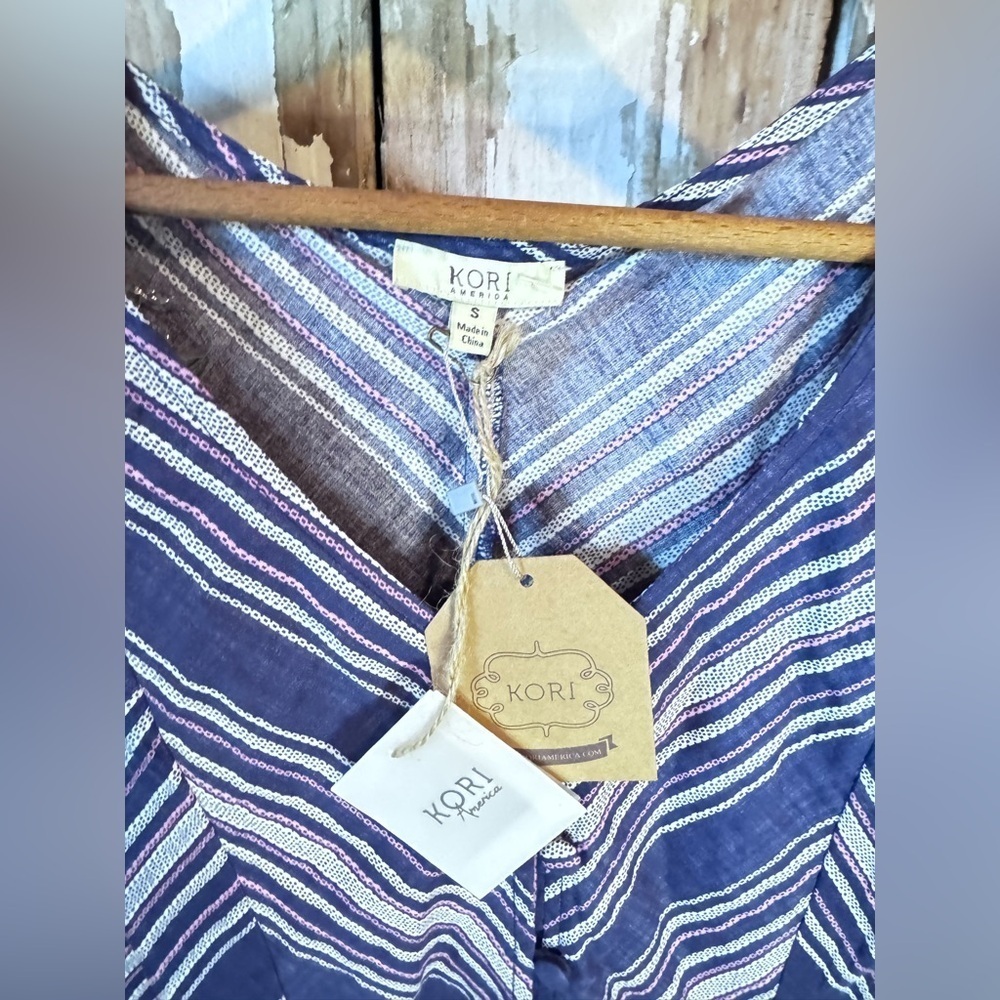 KORI Striped Button Up Peplum Blouse NWT Purple - Picture 3 of 10